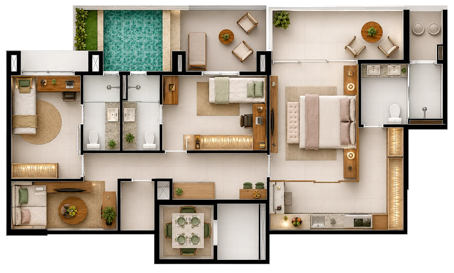 Planta da cobertura duplex, 2º pavimento, com piscina privativa